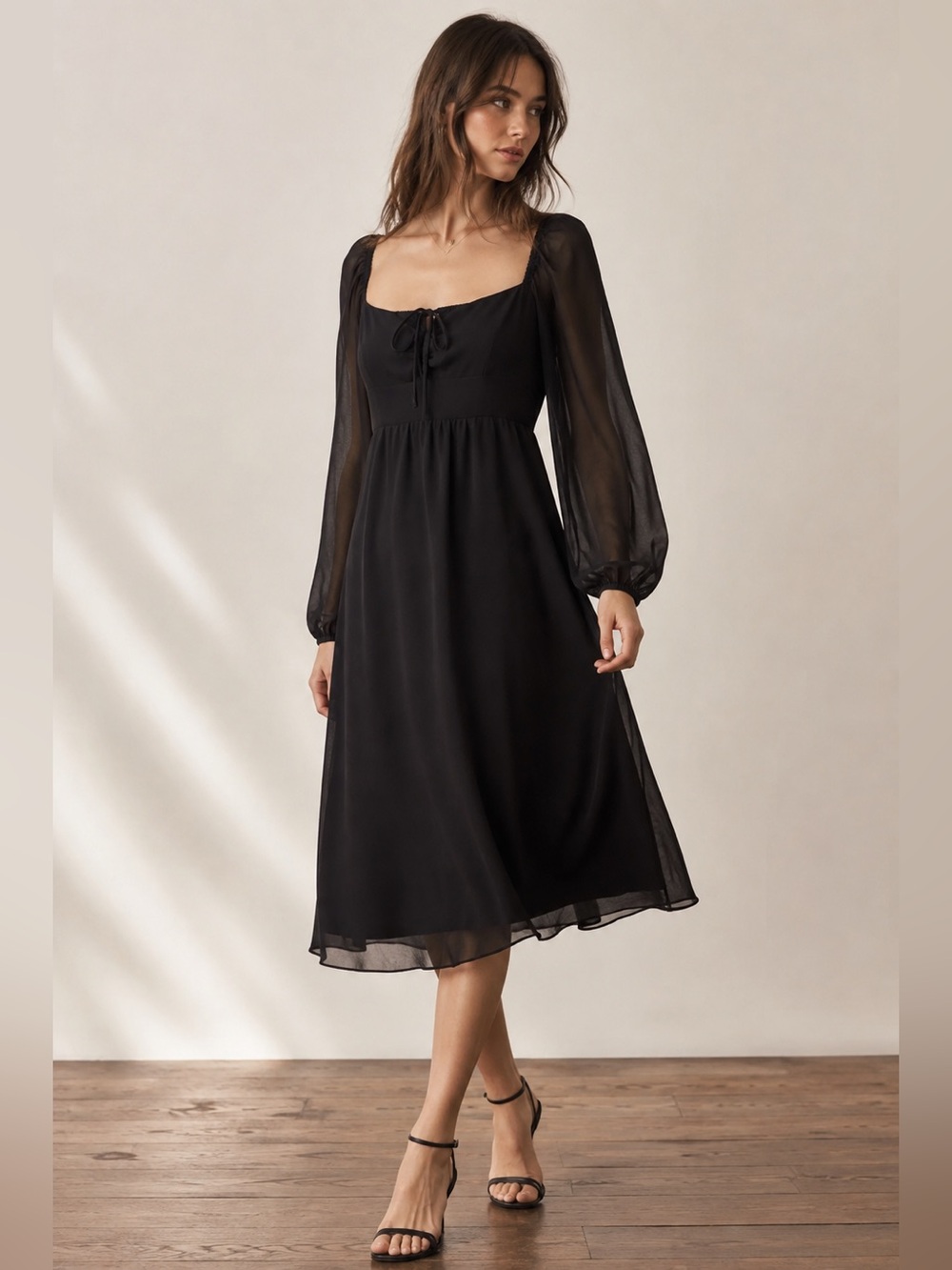 Wilfred Black Babydoll Midi Dress Tie Front Sheer Sleeve Chiffon Size 6